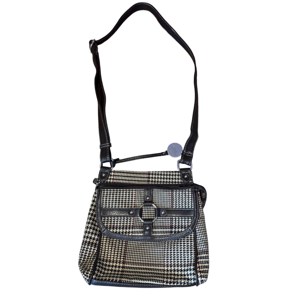 CHAPS Vintage Shoulder Adjust. Crossbody Bag Houndstooth Cloth Leather Accent‎